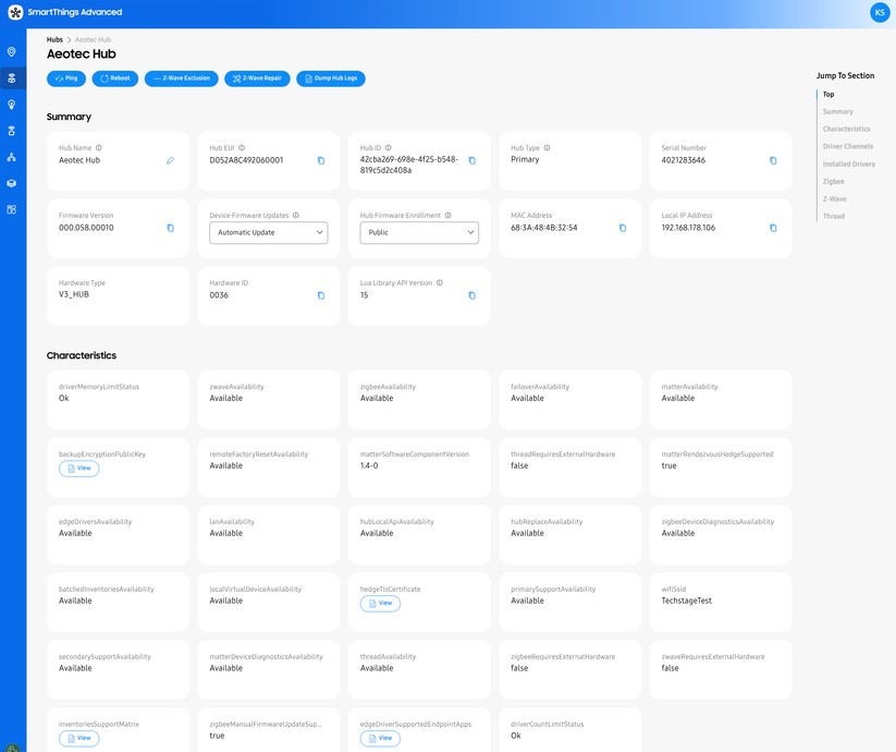 Unter https://my.smartthings.com/ erhalten Anwender interessante Einblicke in das Smartthings-System. Dort werden etwa die installierten Geräte aufgelistet, samt relevanten Betriebsdaten und ob die Ausführung lokal oder per Cloud unterstützt wird.  