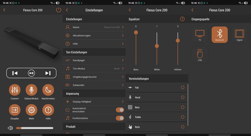 Die Klipsch Connect Plus-App verbindet sich per Bluetooth mit der Soundbar und ermöglicht Zugriff auf Funktionen wie Klangmodi, Pegel, Dialog-Anhebung sowie einen einfachen Equalizer.