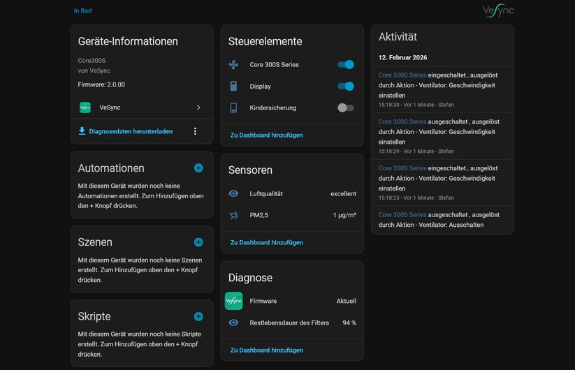 Levoit Core 300S: Die Integration in Home Assistant erfolgt über die Cloud des Herstellers.