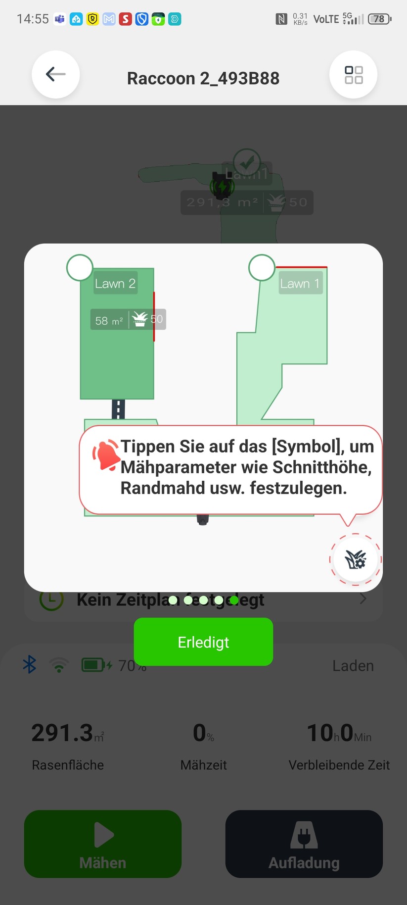 Roboup Raccoon 2 SE: Die Roboup-App liegt auf Deutsch und ist übersichtlich, sodass man den Mähroboter leicht konfigurieren und Zeitpläne erstellen kann.
