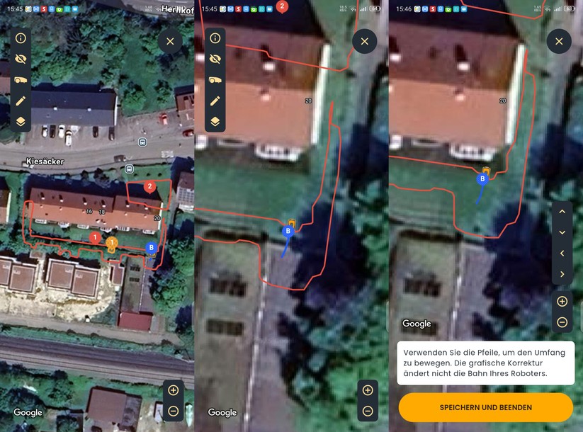 Der kartierte Bereich deckt sich zunächst nicht mit der hinterlegten Google-Maps-Karte. Allerdings kann man den Mähbereich zur Korrektur verschieben.