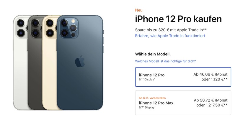 46,66 Euro kostet das iPhone 12 Pro bei einer Finanzierung im Monat. 