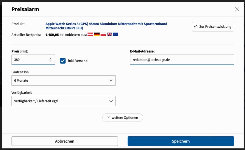 Dort trägt man seinen Wunschpreis, eine maximale Laufzeit und eine E-Mail-Adresse ein. Ist der Wunschpreis bei irgendeinem Händler für dieses Produkt erreicht, versenden wir eine E-Mail. Selbstverständlich ist der Service kostenlos.