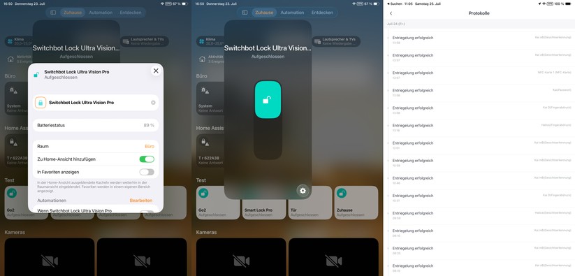 Das Switchbot Lock Ultra Vision Pro lässt sich auch in Apple Home einbinden. Allerdings sind die Steuerungsmöglichkeiten limitiert. Eine Auflistung von Vorgängen nach Benutzer und Entsperrmethode bietet nur die Switchbot-App.