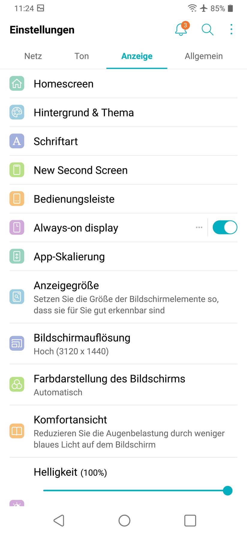 Register „Anzeige“ in den Einstellungen