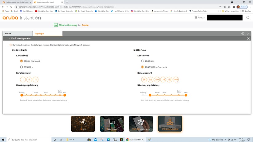 Die Sendestärke lässt sich mit der Maus an zwei Orange-farbigen Schiebern für jedes Frequenz-Band getrennt reduzieren. Dann funkt der AP nicht mehr so weit, was in seltenen Fällen sogar erwünscht sein kann. Zum Beispiel, um nicht über das gewünschte Areal hinaus zu funken, damit das WLAN nicht über die Luft angreifbar ist.