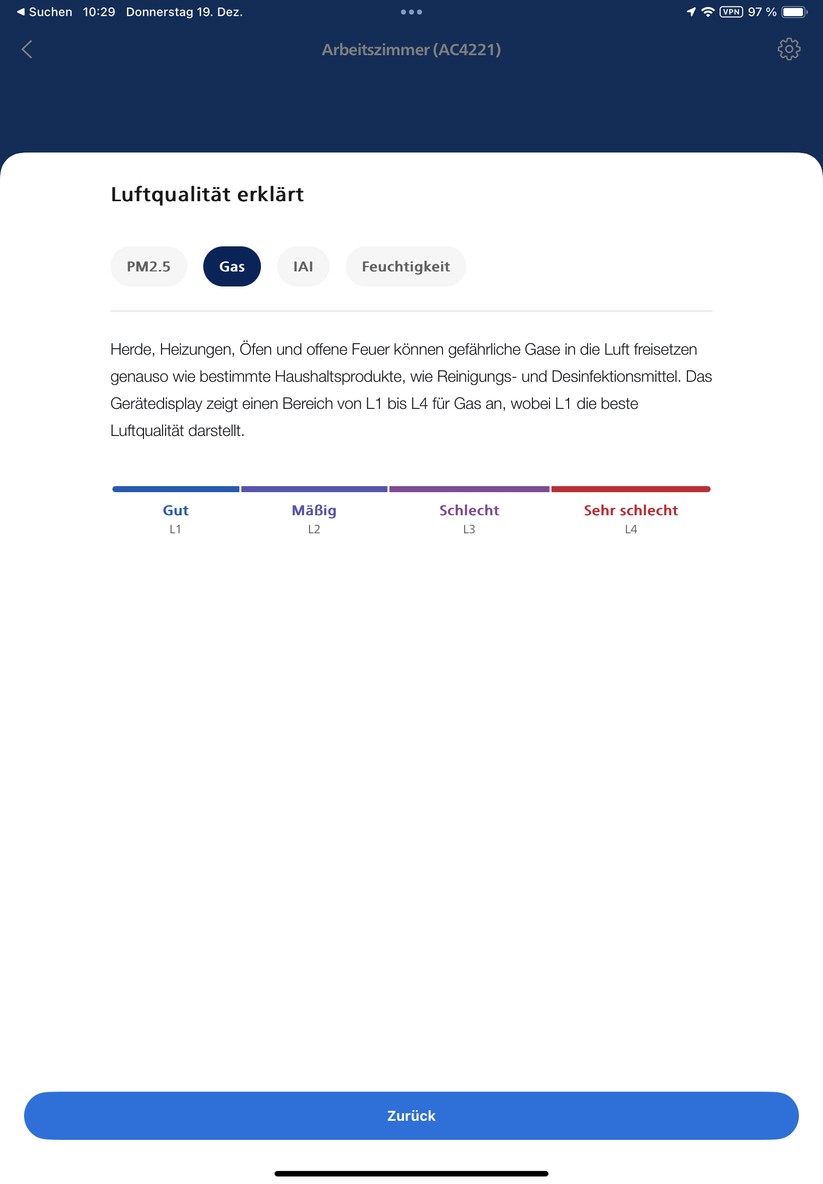 Mit der App Air+ können Anwender den Philips-Lufteiniger nicht nur einfach steuern und Zeitpläne anlegen. Sie bietet auch Informationen zur Funktionsweise des Geräts und zur Luftqualität. Außerdem integriert sie das Benutzerhandbuch und erläutert die Vorgehensweise für Reinigung und Austausch der Filter. 