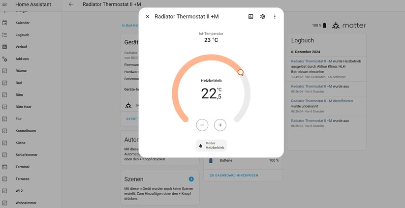 Dank Matter-Unterstützung lassen sich das Bosch-Heizkörperthermostat und der Tür-Fenster-Sensor direkt in Home Assistant einbinden. Die Heizpläne lassen sich mit Automatisierungen abbilden.