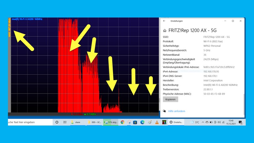 Hier eine Original-Mess-Kurve aus einer Download-Wanderung im 5 GHz Band. Man sieht, der Netto-Durchsatz wird mit jedem Zimmer schlechter. In Raum 3 wird es schon langsam, in Raum 4 und 5 kam der komplette Abriss.