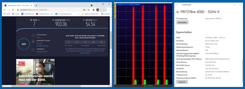 Beim zweiten Kabel-1000-Test verbinden wir den 11ax-Rechner über den 5-GHz-2-WLAN-Frequenz-Block mit der 4060 und bekommen: