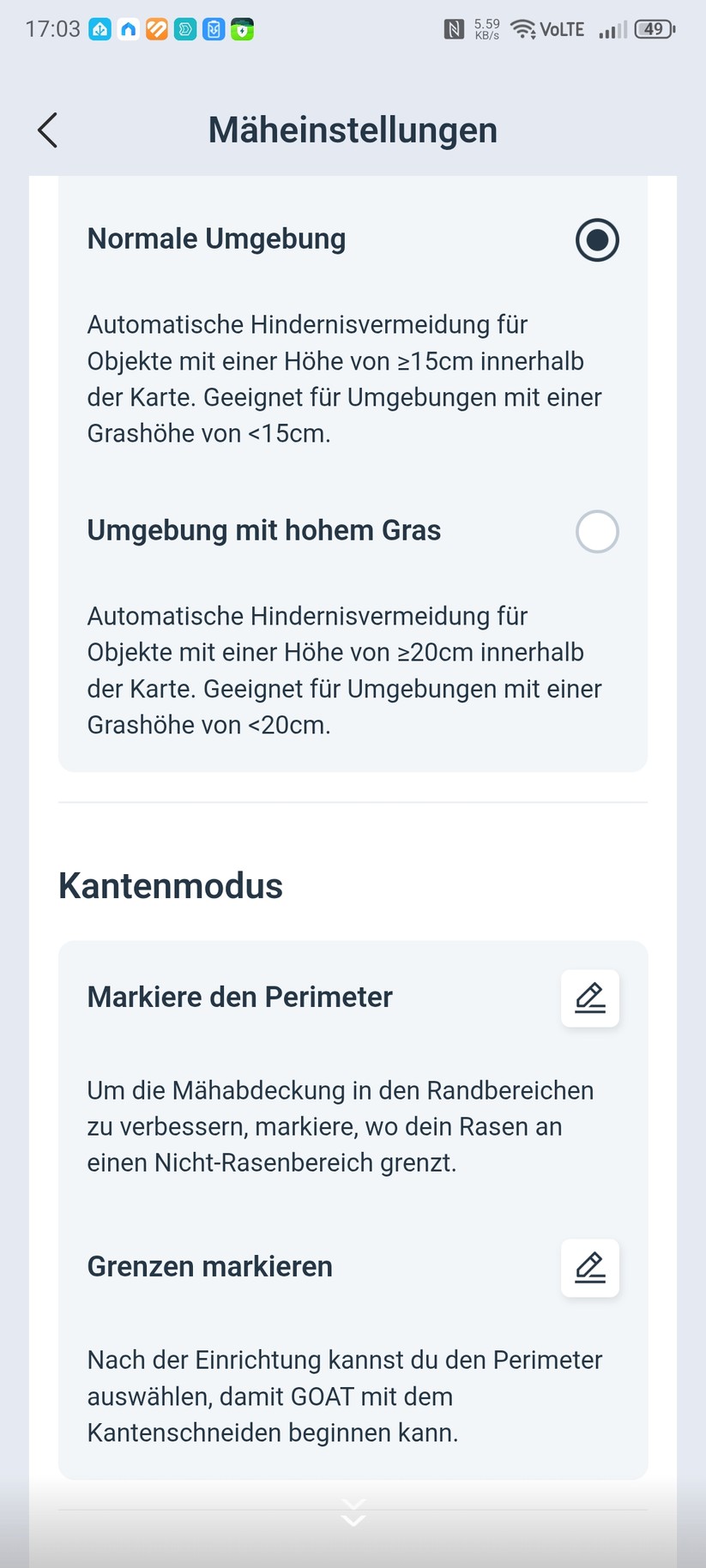 Die App erlaubt die Konfiguration alle relevanten Mähparameter pro Zone. 