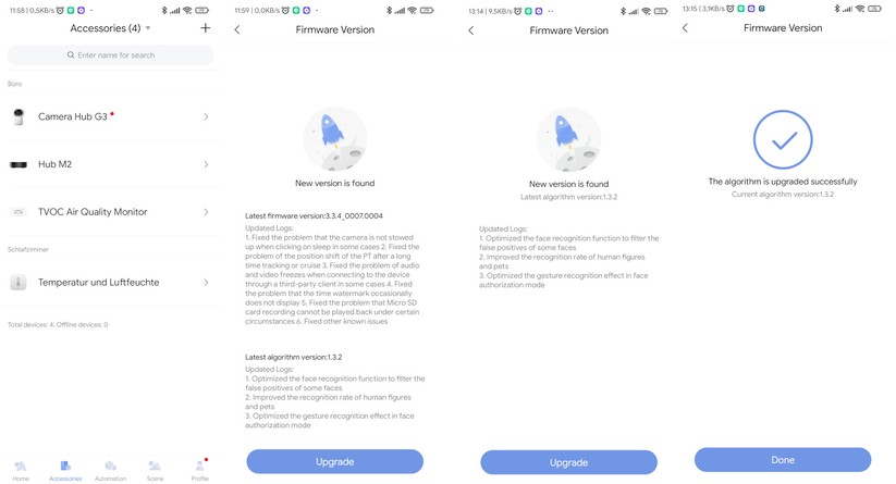 Aqara G3: Kurz nach der Einrichtung meldet die Aqara-App ein Firmware-Update für die Kamera