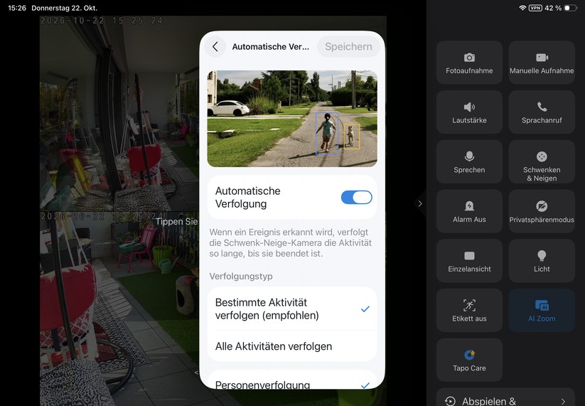 Die Tapo-App ist auch für Tablets optimiert. Sie reagiert zügig und stellt den Kamerastream nahezu verzögerungsfrei dar.