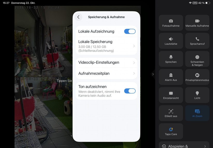 Die Tapo-App ist auch für Tablets optimiert. Sie reagiert zügig und stellt den Kamerastream nahezu verzögerungsfrei dar.