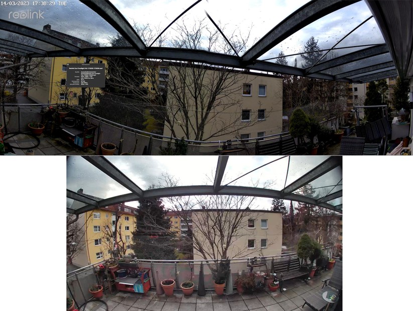 Dank zweier Objektive bietet die Reolink Duo Floodlight PoE ein horizontales Sichtfeld von 180° und erfasst damit einen größeren Bereich als herkömmliche Varianten (Bild unten). Mögliche Bildfehler, die durch das Zusammensetzen der Einzelbilder in der Mitte entstehen, können Anwender mit der Anpassung von Stitching-Parametern in den Geräteeinstellungen minimieren.