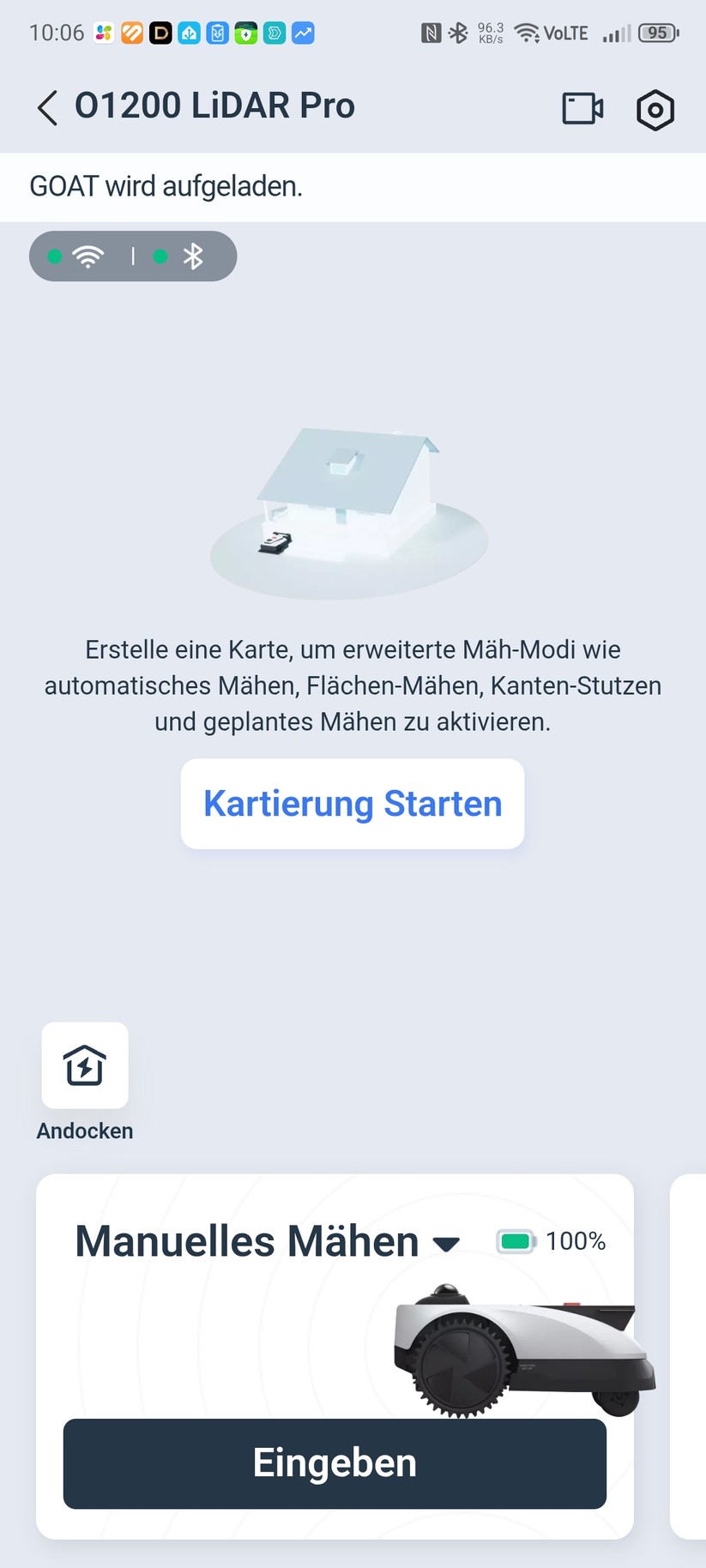 Die Ecovacs-App ist übersichtlich und einfach zu bedienen. Sie erlaubt die Einstellung wichtiger Mäh-Parameter und bietet viele Hilfestellungen, etwa für die Kartierung.