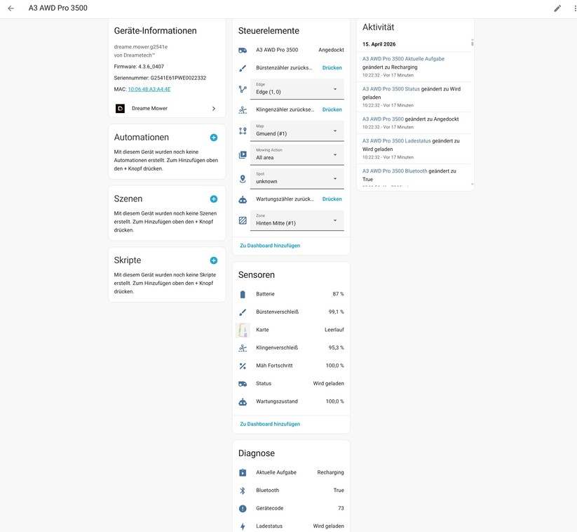 Dreame A3 AWD Pro 3500: Für Home-Assistant gibt es eine community-basierte Integration, die allerdings an die Dreame-Cloud gekoppelt ist. Eine lokale Ansteuerung ist nicht möglich. Mit der Integration hat man Zugriff auf viele Betriebsdaten wie dem Akku-Status und dem Mähfortschritt.