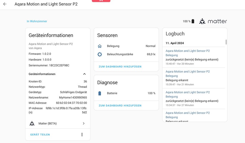 Aqara Bewegungssensor P2 basiert auf Thread, ist kompatibel zum Matter-Standard und lässt ich in entsprechende Smart-Home-Zentralen wie Home Assistant integrieren. Derzeit kann man das Gerät jedoch nicht vollständig konfigurieren. Das soll erst mit dem kommenden Aqara-Hub M3 möglich sein.