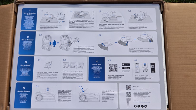 Der Ecovacs Goat A3000 LiDAR bietet eine Schnittbreite von 33 cm und integriert einen Rasentrimmer. Letzterer muss nach dem Auspacken mit einem langen Kreuzschlitz-Schraubenzieher montiert werden.