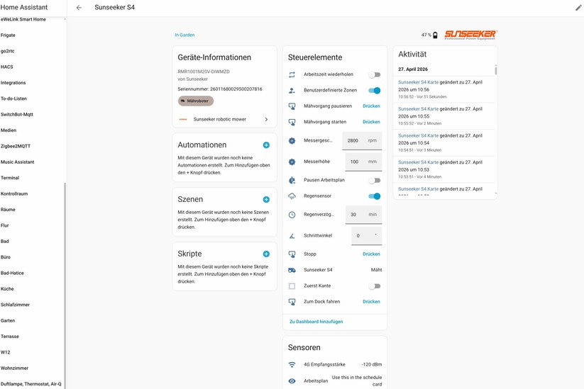 Sunseeker S4: Die Integration für Home Assistant ist umfangreich und bietet sogar eine Live-Ansicht der Karte.