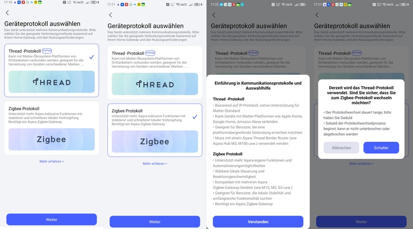 Bei der Inbetriebnahme mit der Aqara-App kann man das Funkprotokoll von Thread auf Zigbee umstellen. Während man es mit Thread direkt in Matter-kompatible Smart-Home-Lösungen einbinden kann, bietet das W500 mit Zigbee mehr Funktionen und reagiert schneller.