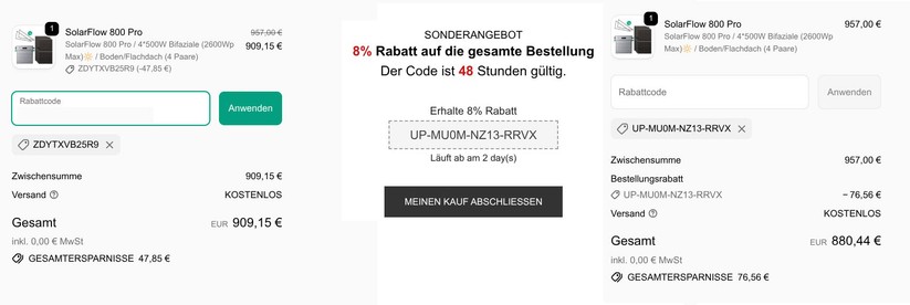 Wer den Zendure-Shop mit einem gefüllten Warenkorb verlässt, erhält mit etwas Glück am nächsten Tag einen personalisierten Rabatt-Code und kann dann noch ein wenig sparen. Hierfür muss man den ursprünglichen Rabatt-Code aber erst löschen.