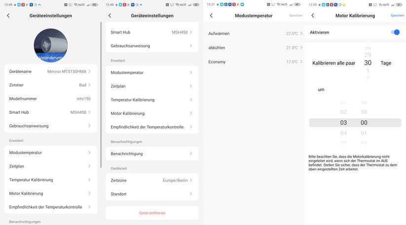 Meross-App: In den Geräteeinstellungen können Anwender unter anderem manuelle Heiz-Modi sowie eine regelmäßige Motor-Kalibrierung konfigurieren, sodass das Ventil während der Sommermonate regelmäßig bewegt wird und nicht verkalkt.