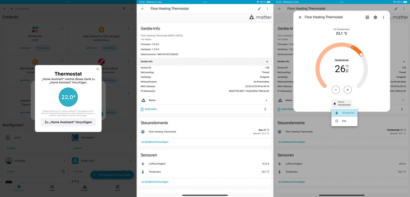 Standardmäßig unterstützt das Aqara-Thermostat W500 das Funkprotokoll Thread. Damit kann man es direkt in Matter-kompatible Smart-Home-Zentralen mit Thread Border Router wie Home Assistant oder Apple Home integrieren. Allerdings unterstützt das W500 mit Zigbee mehr Funktionen.