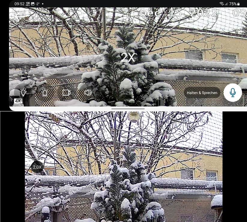 Ezviz EB 3 (unten) im Vergleich zur Eufycam 3 (oben): Zoom-Stufe 2x