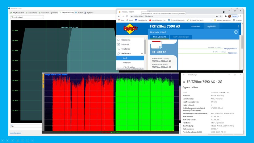 Messung bei 2,4 GHz: Rot = Simultaner Download von je 10 GigaByte vom Synology-NAS und vom Buffalo-NAS. Grün = Upload der beiden 10 GB Dateien auf die beiden NAS-Stationen (Screenshot: Harald Karcher).