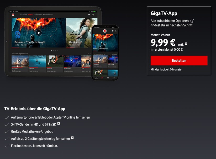 Die Vodafone GigaTV-App bietet die geringste Leistung im Vergleich zu anderen Anbietern