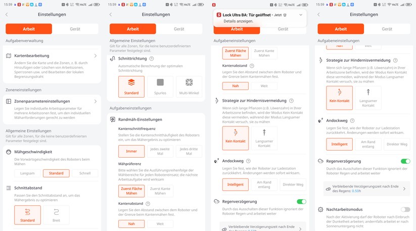 Die Sunseeker-App bietet umfangreiche Einstellungen. Mähparameter wie Schnittrichtung, Geschwindigkeit und Schnittabstand können pro Zone definiert werden. 