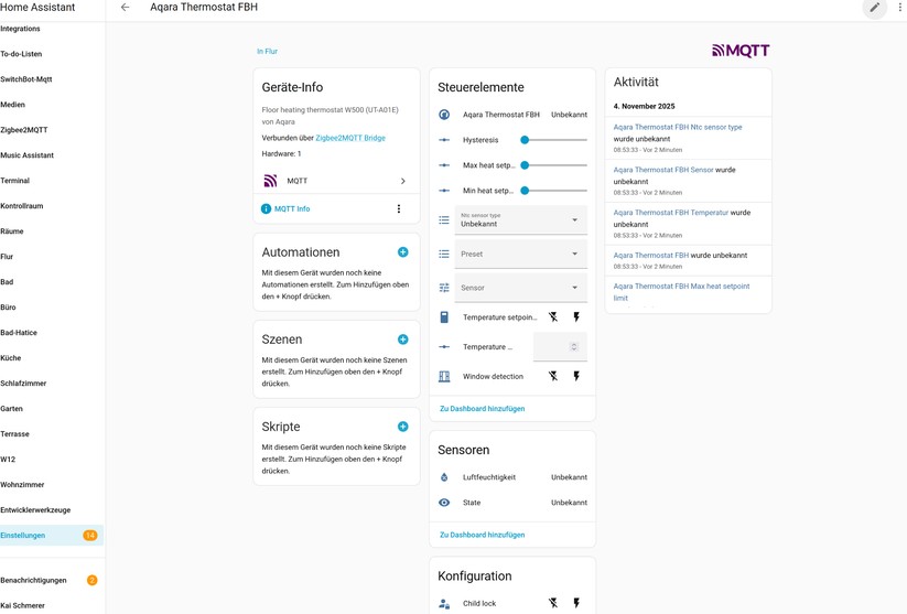 Mit Zigbee stehen auch unter Home Assistant nahezu sämtliche Funktionen des Thermostats zur Verfügung, die es in Kombination mit dem Aqara-Hub M3 bietet. Allerdings ist die Konfiguration etwas aufwendiger. Das Gleiche gilt für den Climate Sensor W100.