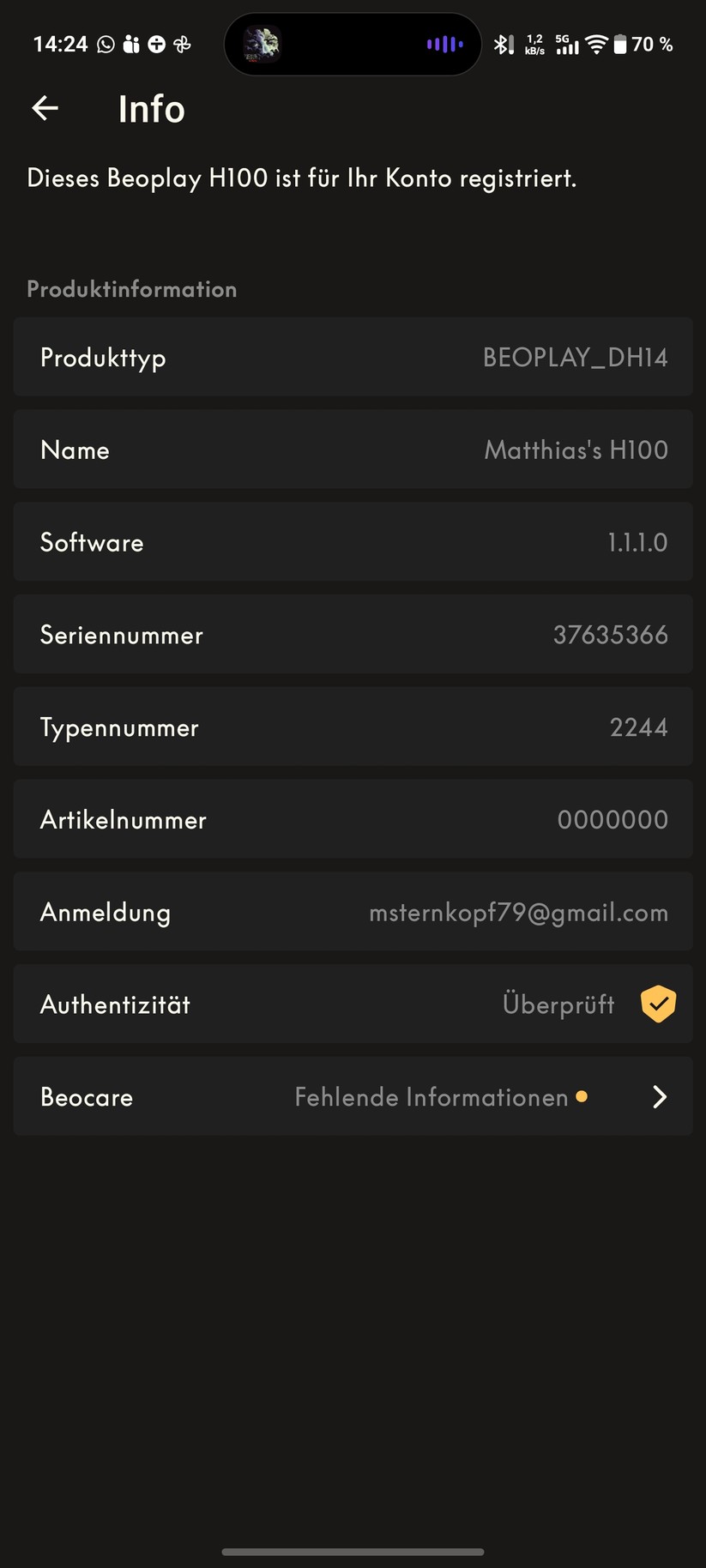Bang & Olufsen Beoplay H100 Screenshot