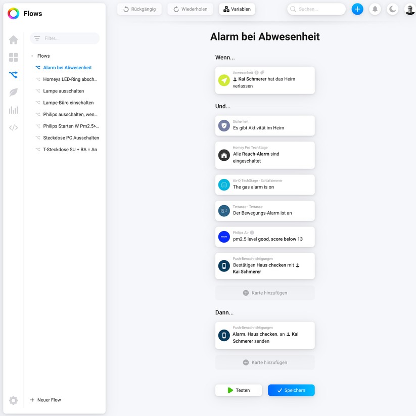 Homey Pro: Mit der Desktop-App können Anwender bequem komplexe Wenn-Dann-Regeln (Flows) erstellen.