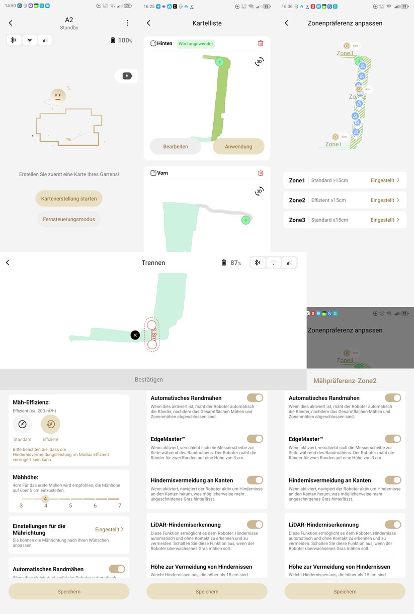  Die Zonenverwaltung sucht ihresgleichen. Nach der Kartierung kann man die Rasenfläche bequem per App in mehrere Zonen aufteilen und diese umfassend konfigurieren. So kann man etwa unterschiedliche Mährichtungen und -muster einstellen und auch die Mähgeschwindigkeit und -höhe sowie die Hinderniserkennung lokalen Begebenheiten anpassen.