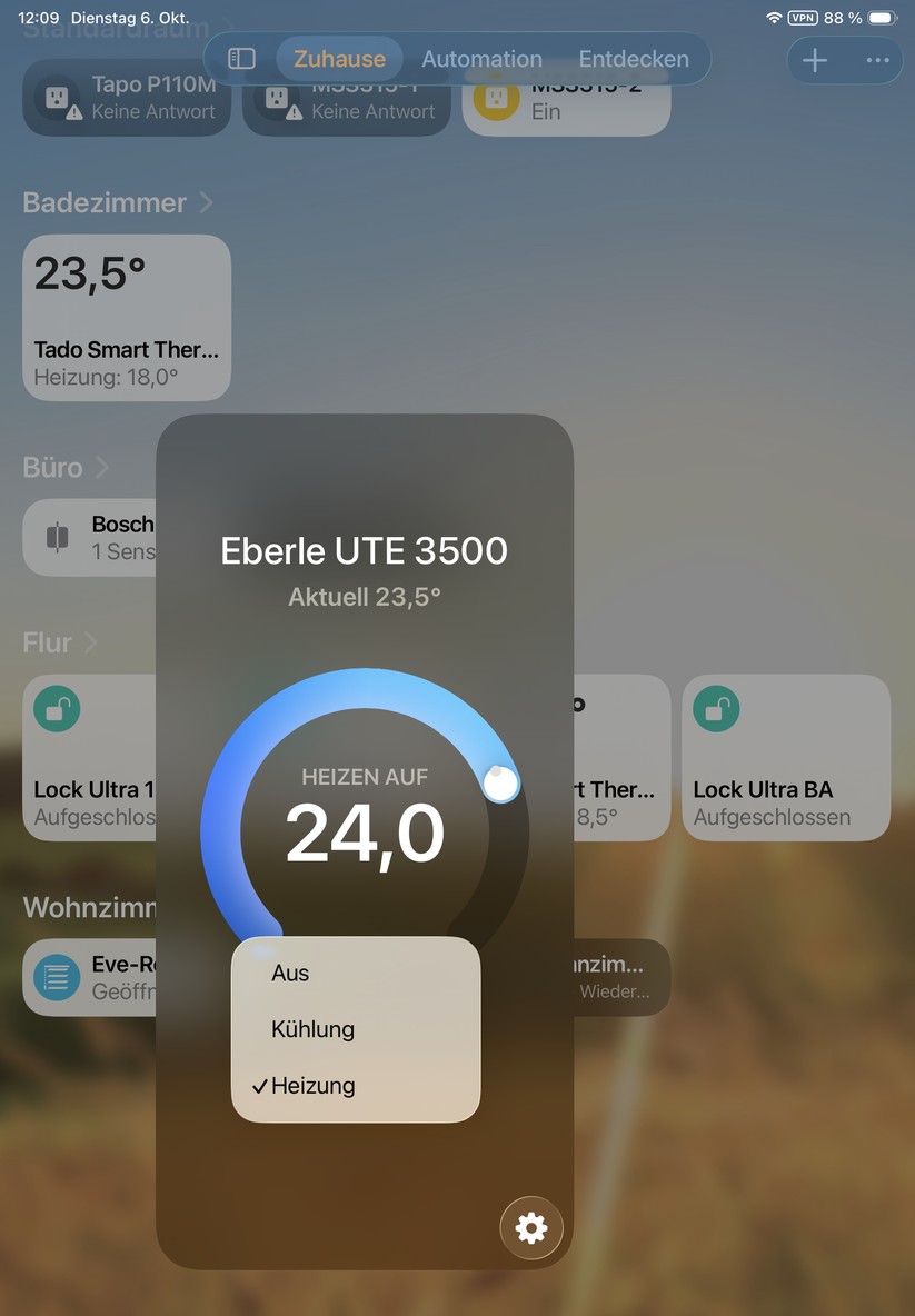 Das Eberle UTE-3500 lässt sich auch mit Apple Home Steuern. Allerdings wird der Wärmebedarf nicht dargestellt. Diese Daten kann man aber mit Home Assistant abrufen.