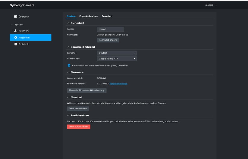 Die CC400W bietet auch einen Zugriff per Browser. Dort kann man sie auch auf Onvif umstellen, um sie etwa mit Hoem Assistant zu steuern. Allerdings steht sie in diesem Fall nicht mehr unter Synology Surveillance Station zur Verfügung, respektive die Einbindung per Onvif führt dort zu Verbindungsabbrüchen. 
