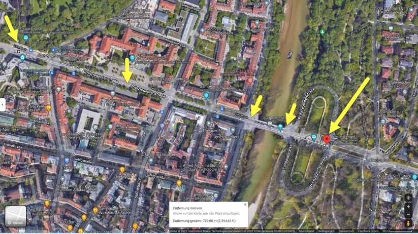 Mit einem WiFi-6-Handy messen wir die Verbindungswerte zu den zwei WLAN-Stationen an fünf markanten Punkten: In 101, 185, 471, 730 und in 1000 Metern Entfernung zum Friedensengel.