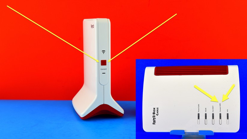 AVM Fritz Repeater 6000: Der Fritz Repeater 6000 lässt sich sehr leicht mit allen jüngeren Fritz Boxen koppeln: Links auf den roten Connect-Knopf am Repeater drücken, rechts auf den weißen Connect-Taster auf der Fritzbox. Kurz daraufsind beide Funker im Mesh verbunden. (Bild: Harald Karcher).