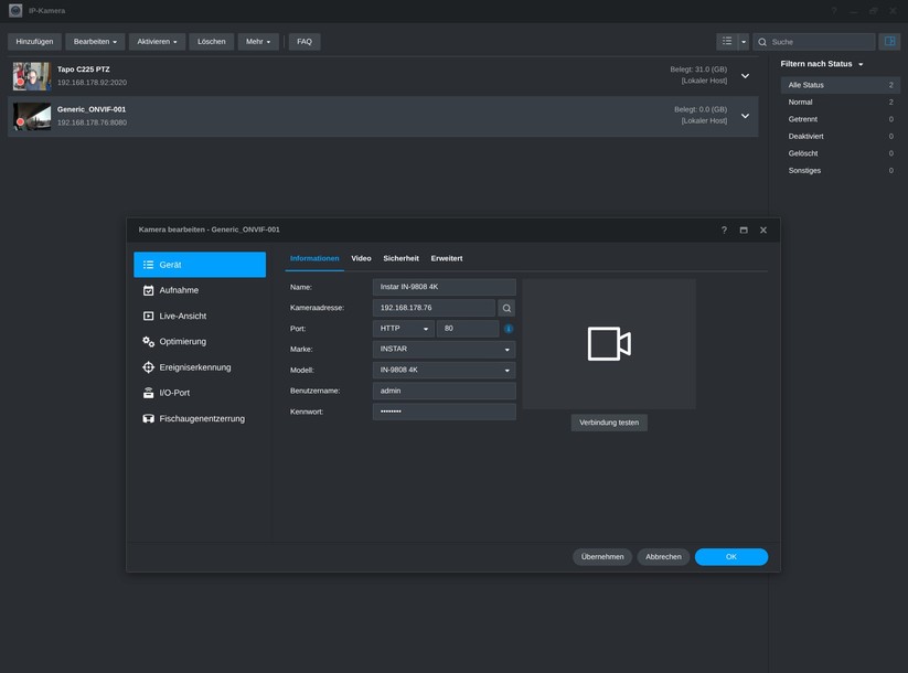 Die Integration in Synology Surveillance Station ist problemlos möglich.