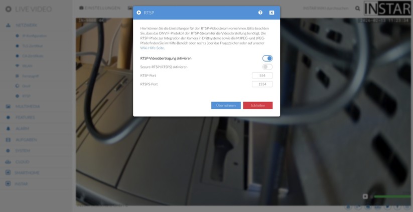 Die Konfiguration der IN-9808 4K erfolgt wahlweise über die App Instar Vision oder die Weboberfläche. Während sich grundlegende Funktionen bequem per App einrichten lassen, stehen erweiterte Optionen wie Onvif und MQTT nur über das Webinterface zur Verfügung.