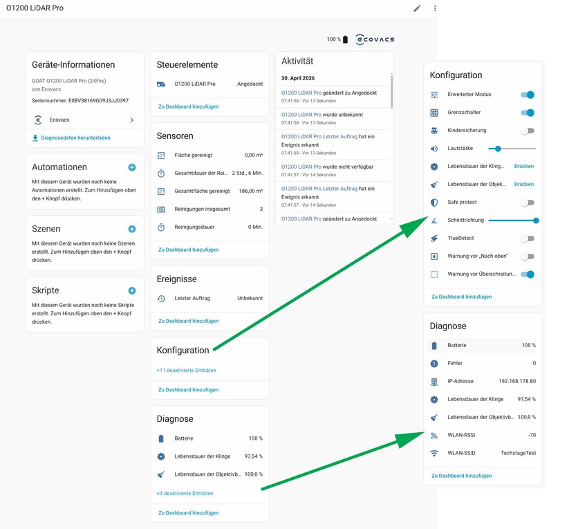 Für Home Assistant gibt es eine Community-Integration, die den Ecovacs Goat O1200 LiDAR unterstützt und viele Konfigurationsmöglichkeiten bietet. Außerdem liefert sie viele Betriebsdaten wie den Akkustand. Damit lassen sich Automatisierungen erstellen, etwa für eine Benachrichtigung über das Laden des Akkus.