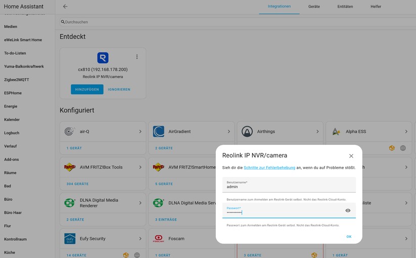 Reolink CX810: Die Integration in Home Assistant ist vorbildlich. Sämtliche Funktionen der Kamera stehen zur Verfügung.