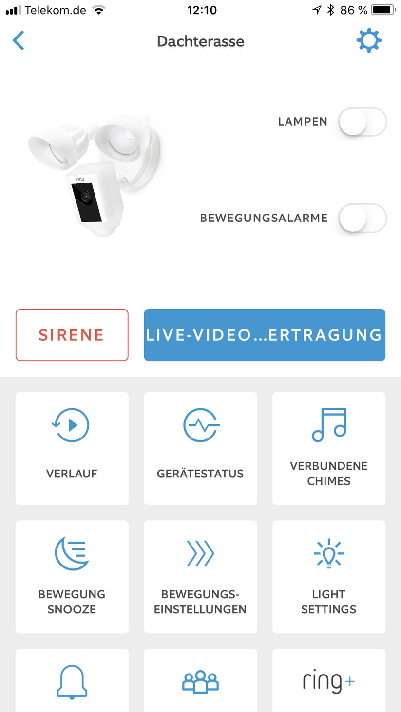 Funktionen auf einen Blick: In diesem Menüpunkt lassen sich Live-Video abrufen und die Sirene aktivieren sowie die Einstellungen für Licht und Kamera anpassen.