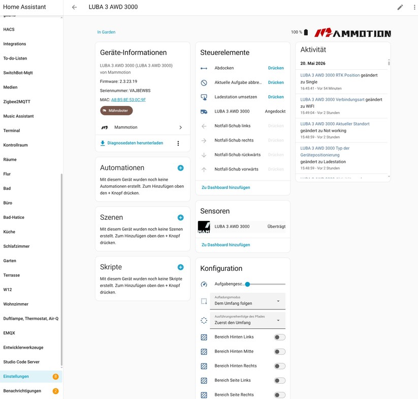 Mammotion Luba 3 AWD 3000: Mit einer Community-Integration hat man Zugriff auf wichtige Betriebsparameter und kann den Luba 3 auch steuern.