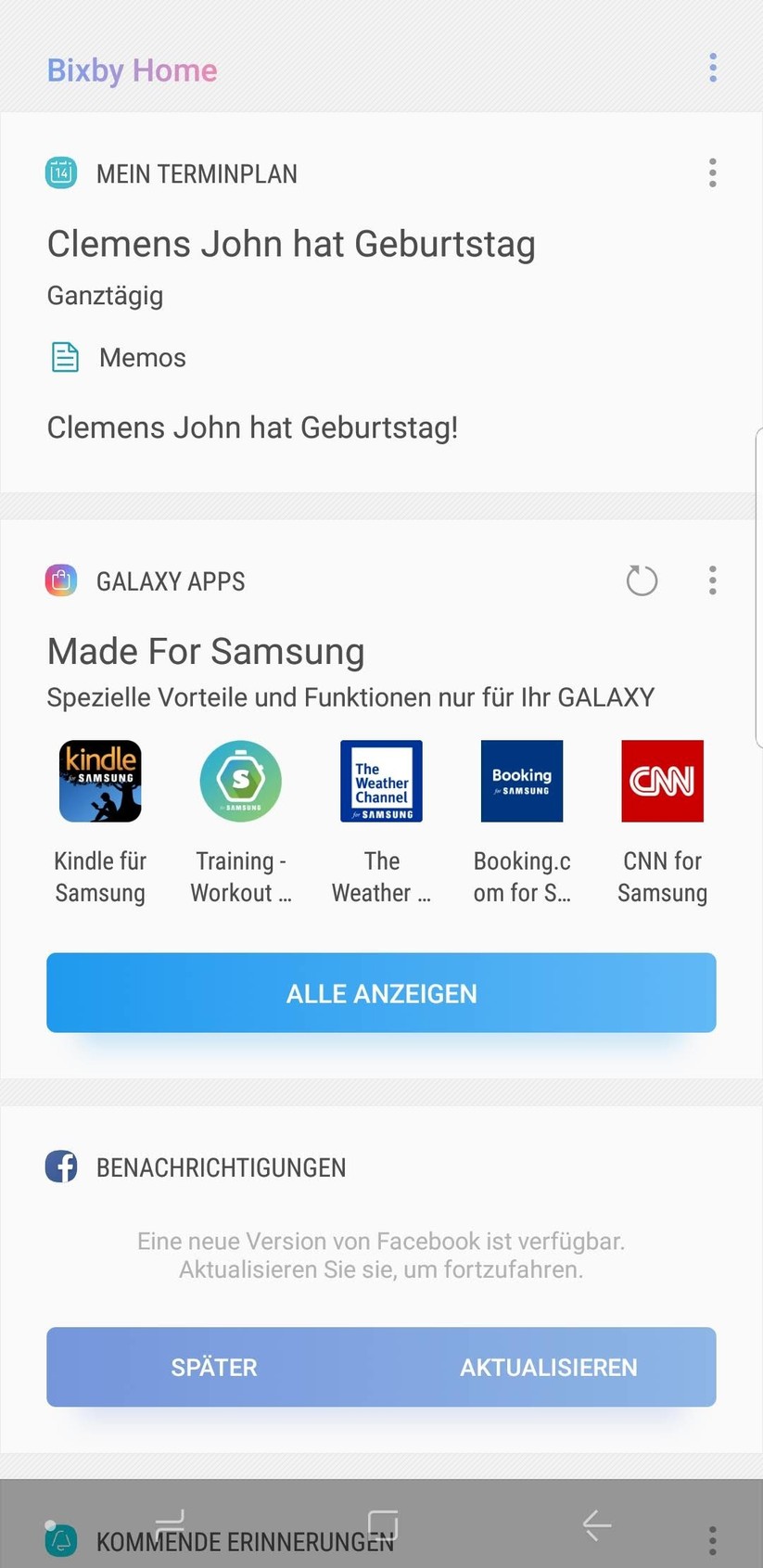 Bixby Home mit relevanten Informationen für den Nutzer