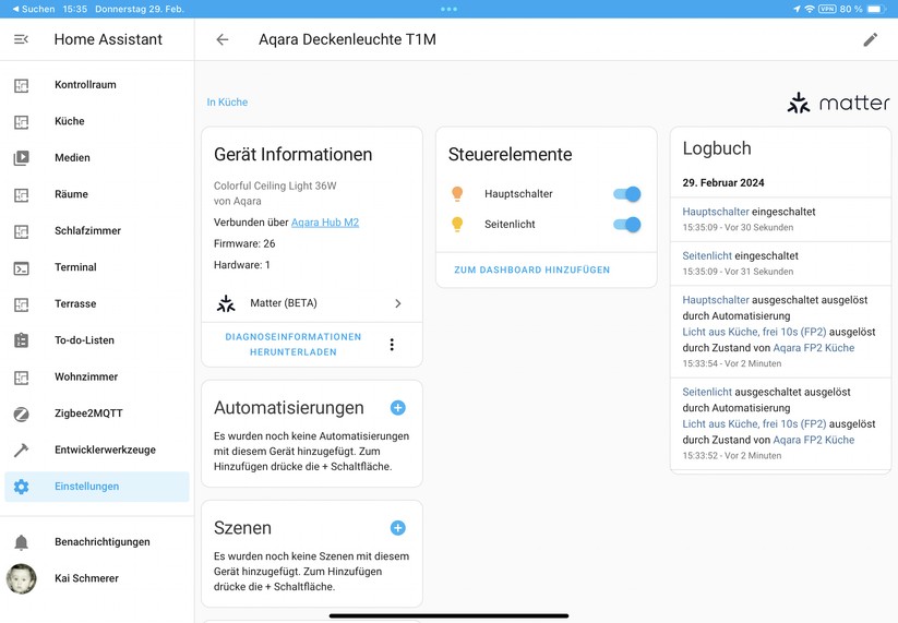 Dank Matter-Kompatibilität lässt sich die Aqara-Deckenleuchte unter anderem auch über Apple Home, Homey Pro und Home Assistant steuern. 