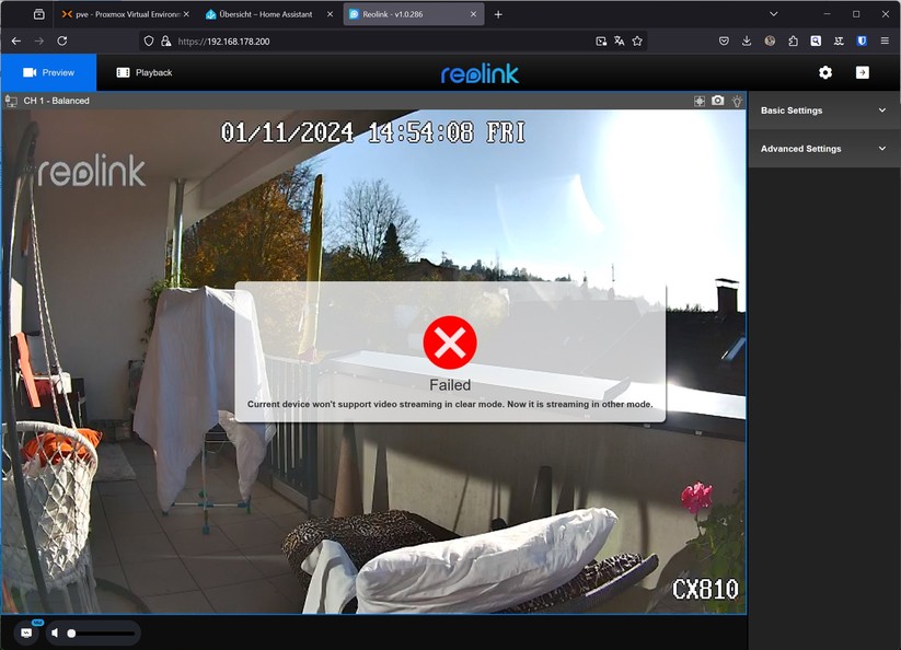 Reolink CX810: Der Stream mit 4K-Auflösung ist mit einem Browser nicht möglich.