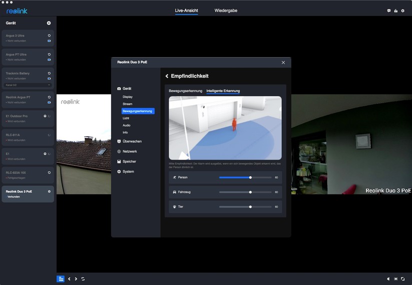 Reolink Duo 3: Motion Track aka Bewegungsspur, Konfigurationsmöglichkeiten und Testaufnahmen